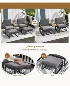 5 Parça Metal Çerçeve Outdoor Multilounge Bahçe Balkon Mobilya,Uzanma