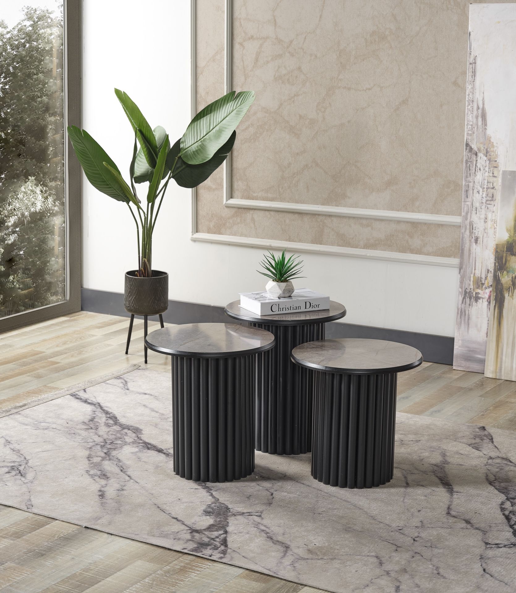 Boston Mdf 3'lü Sehpa Yuvarlak Ahşap ve Metal Ayak