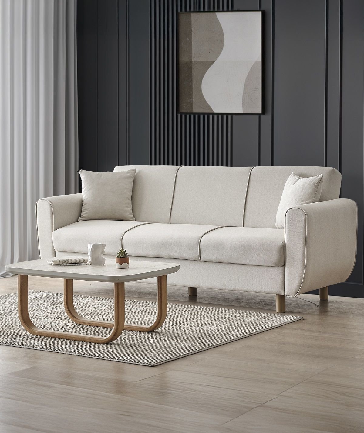 Flavia 3'lü Kanepe Salon, Oturma Odası Yataklı Bazalı Krem