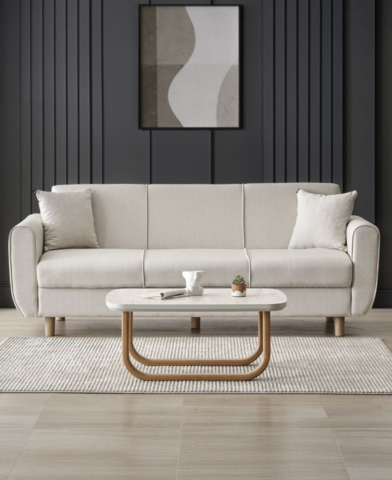 Flavia 3'lü Kanepe Salon, Oturma Odası Yataklı Bazalı Krem